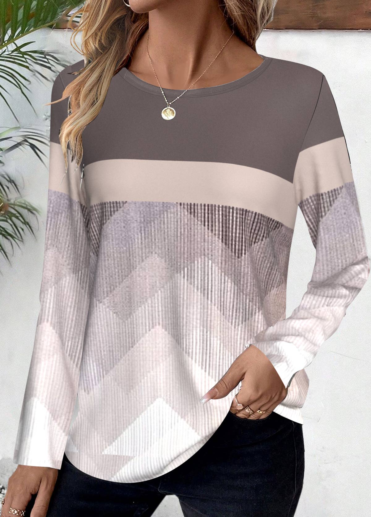 Modlily Light Coffee Patchwork Geometric Print Long Sleeve T Shirt - XXL