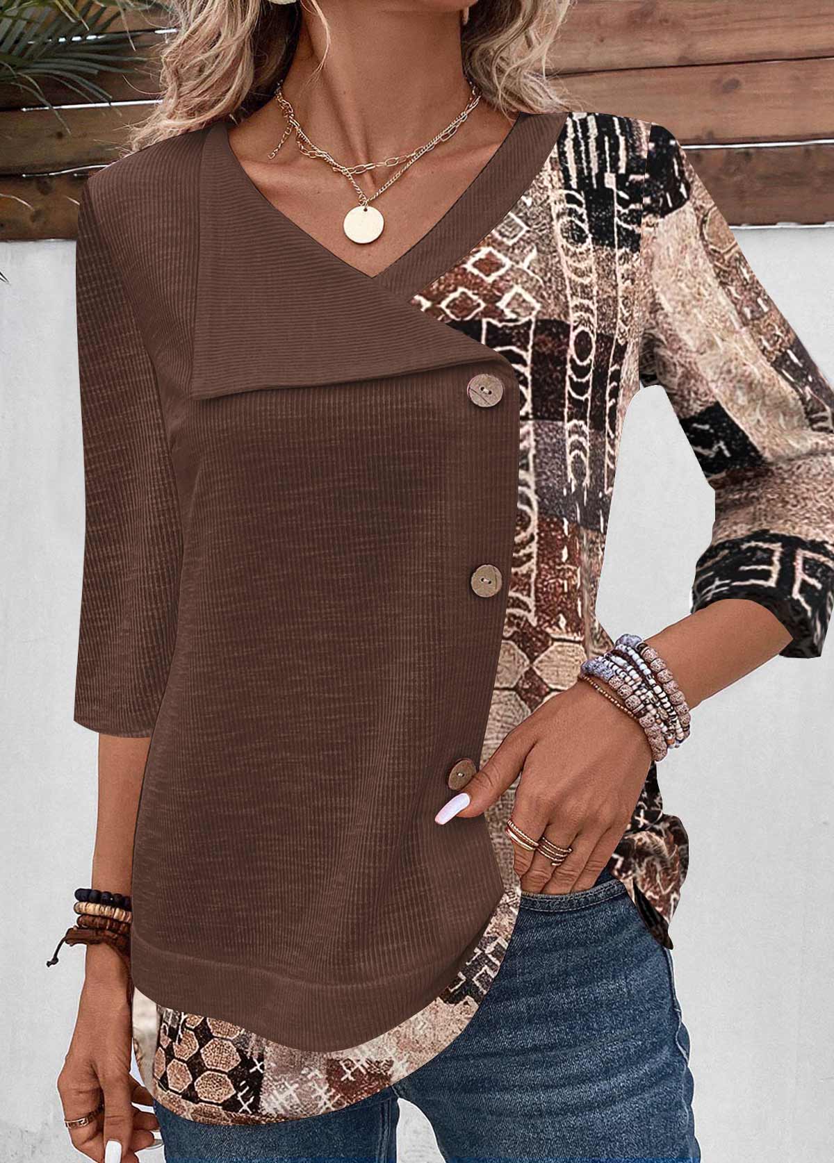 Modlily Light Coffee Patchwork Geometric Print T Shirt - S