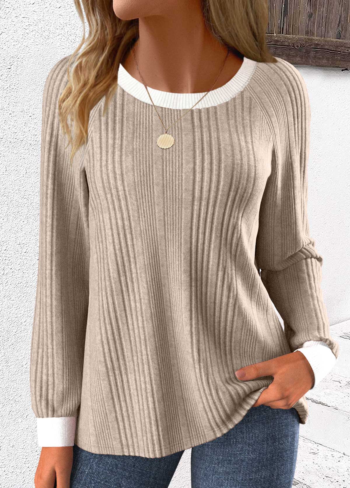 Modlily Light Coffee Patchwork Long Sleeve Round Neck Sweatshirt - XL