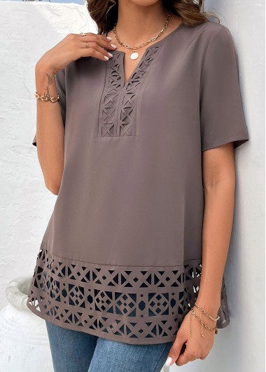Modlily Light Coffee Patchwork Short Sleeve Split Neck Blouse - S