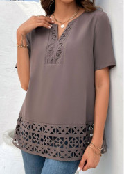 Modlily Light Coffee Patchwork Short Sleeve Split Neck Blouse - S