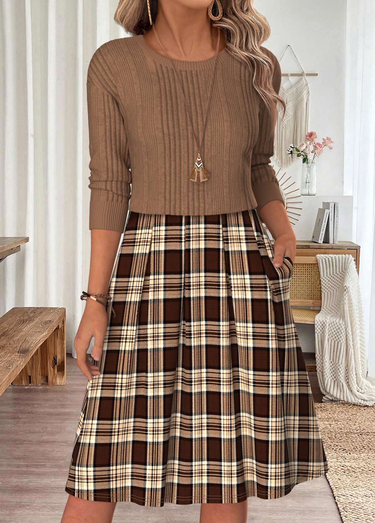 Modlily Light Coffee Plaid Patchwork Long Sleeve Round Neck Dress - S