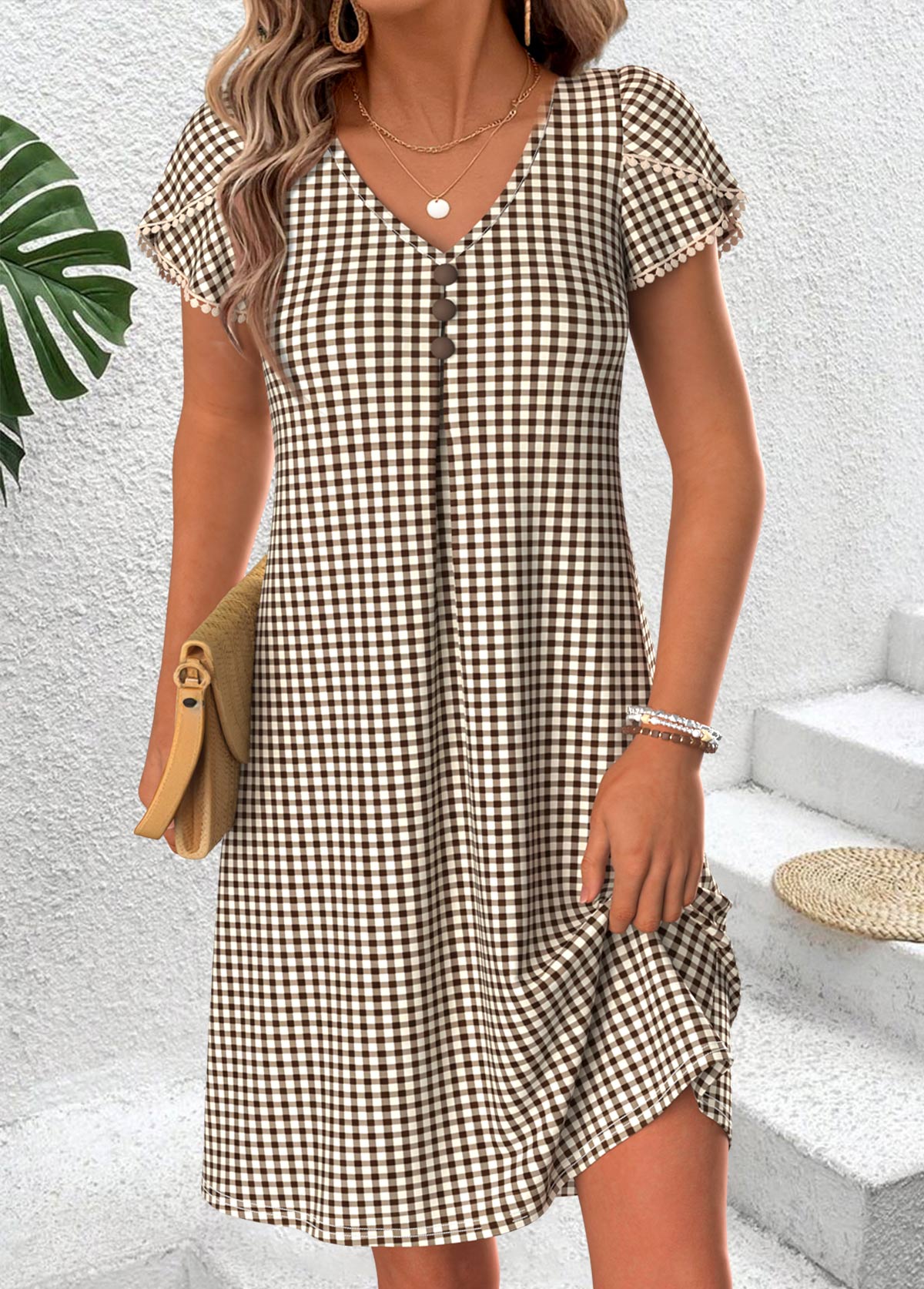 Modlily Light Coffee Plaid Short Tummy Coverage V Neck Dress - S
