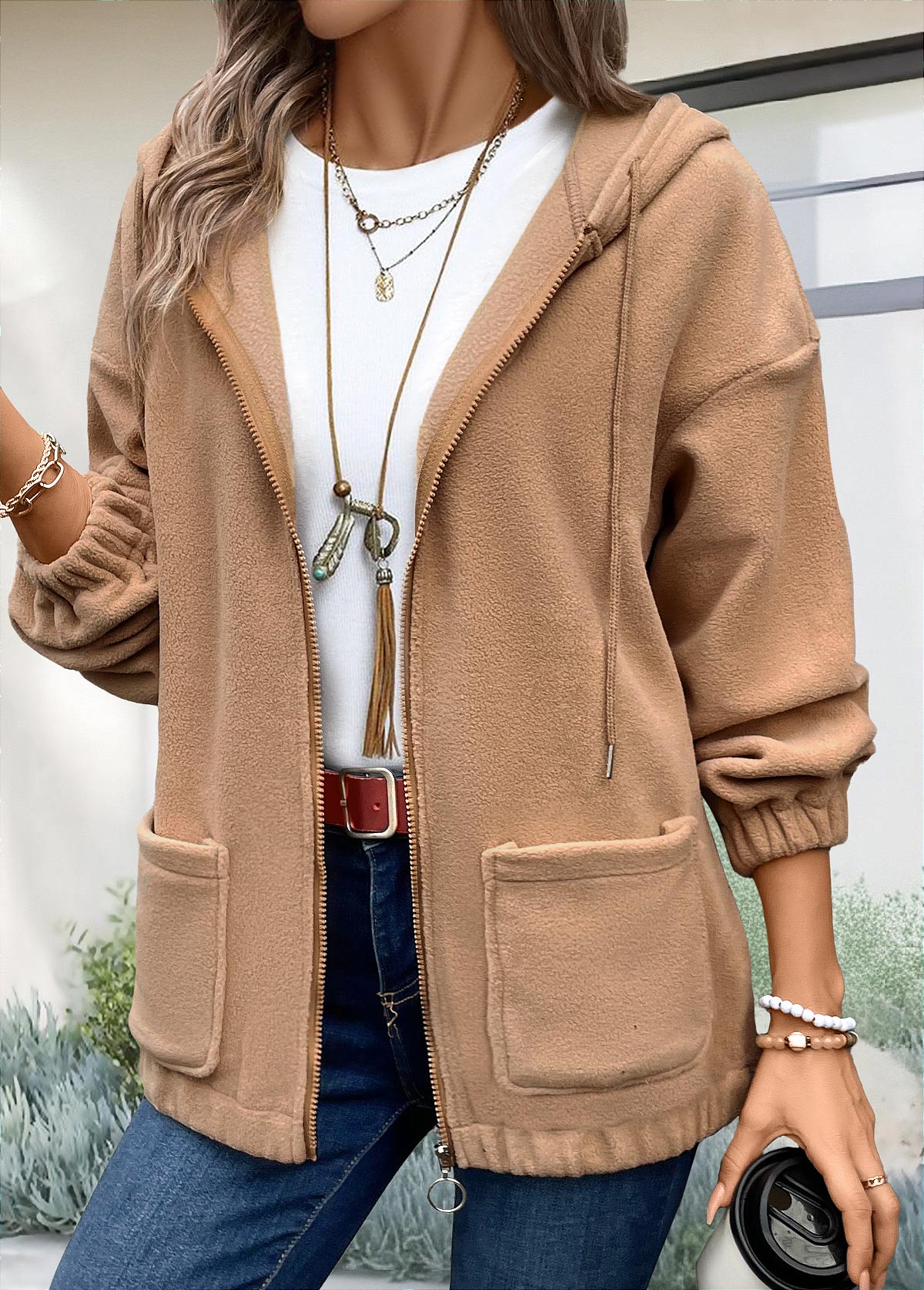 Modlily Light Coffee Plush Long Sleeve Hoodie - XXL
