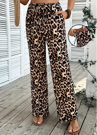 Modlily Light Coffee Pocket Leopard Wide Leg Elastic Waist Pants - S
