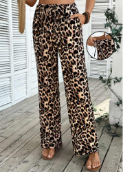 Modlily Light Coffee Pocket Leopard Wide Leg Elastic Waist Pants - S
