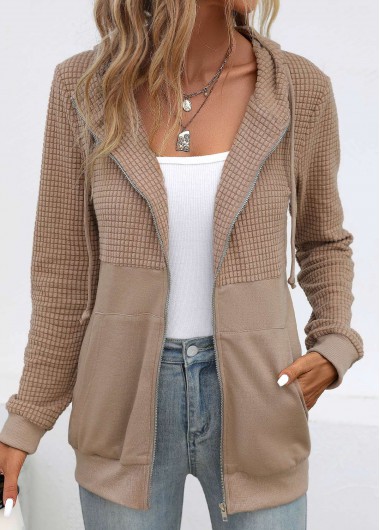 Modlily Light Coffee Pocket Long Sleeve Hoodie - XL
