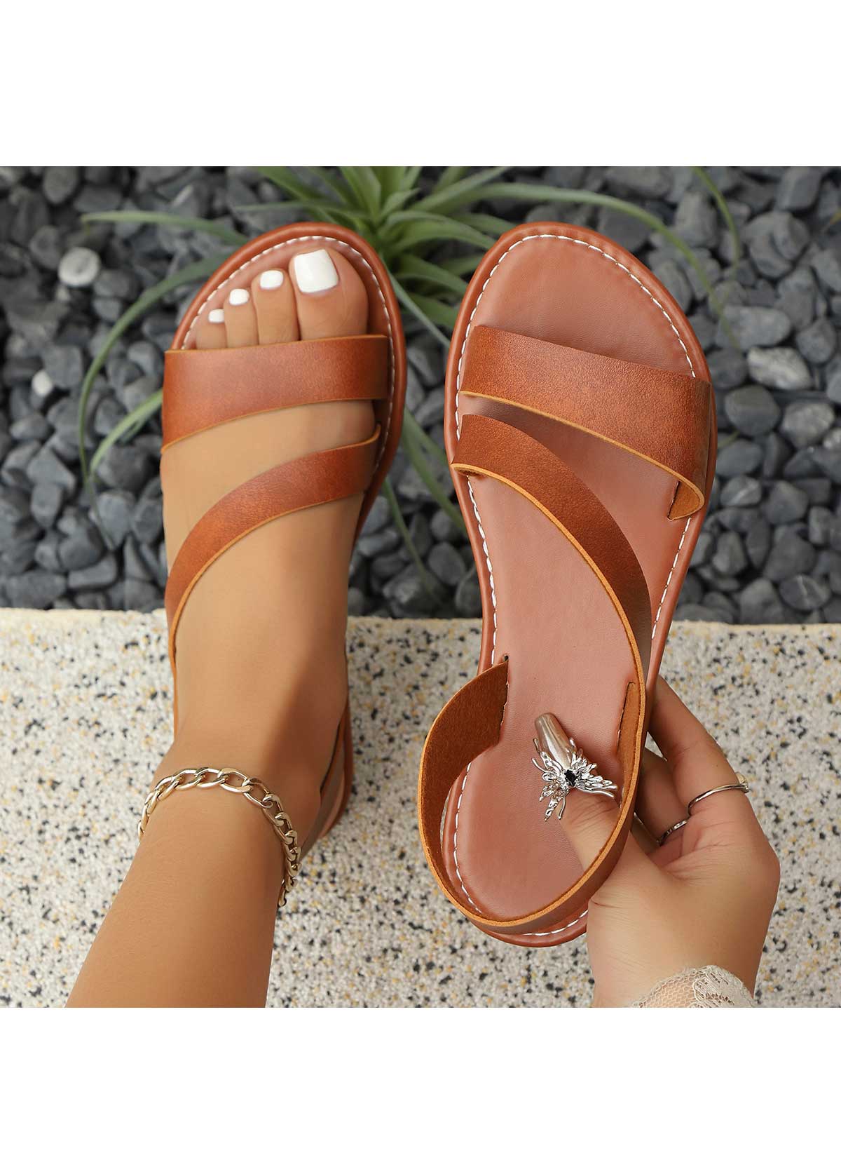 Modlily Light Coffee Round Toe Falt Sandals - 36