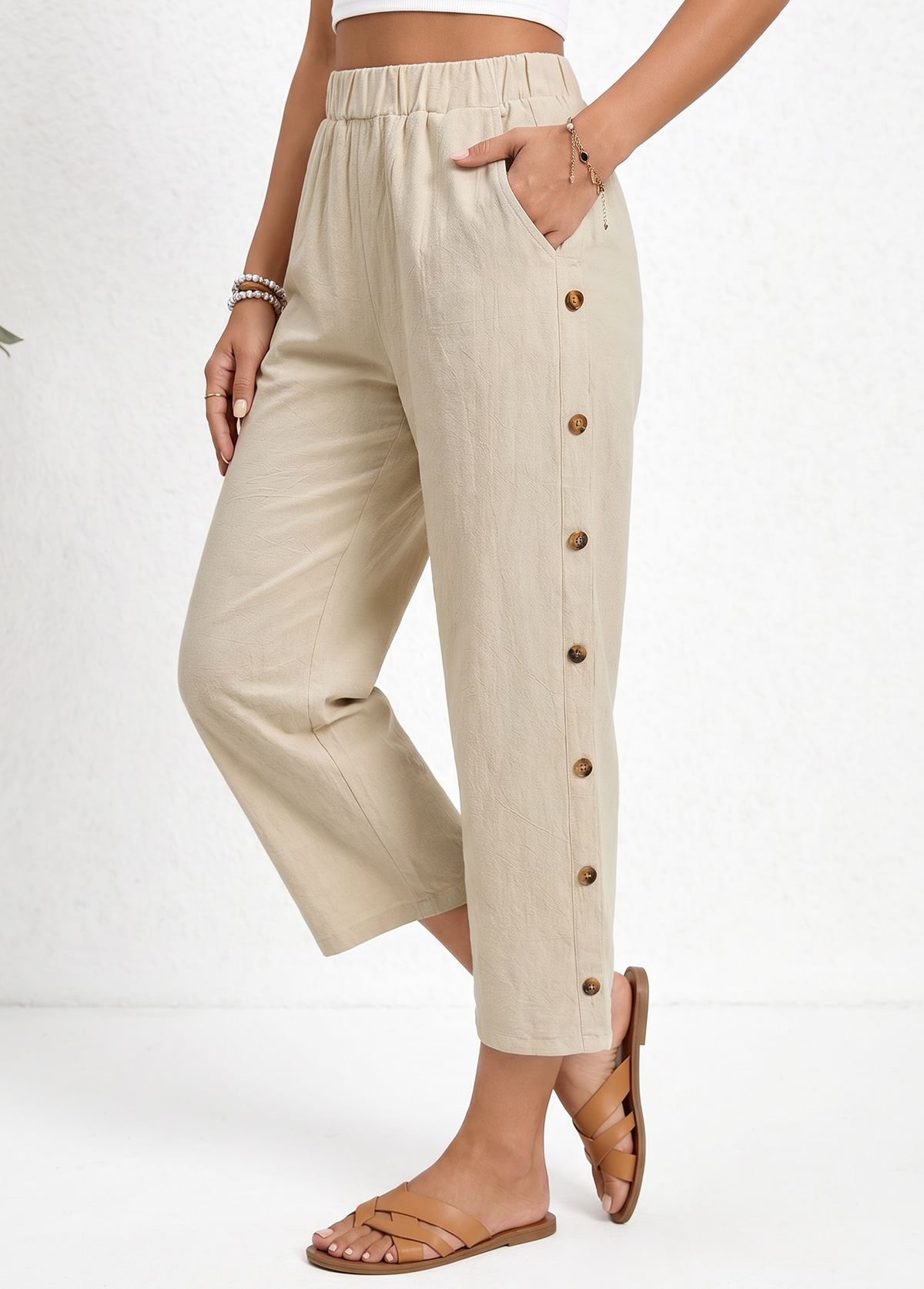 Modlily Light Coffee Straight Leg Elastic Waist High Waisted Pants - S