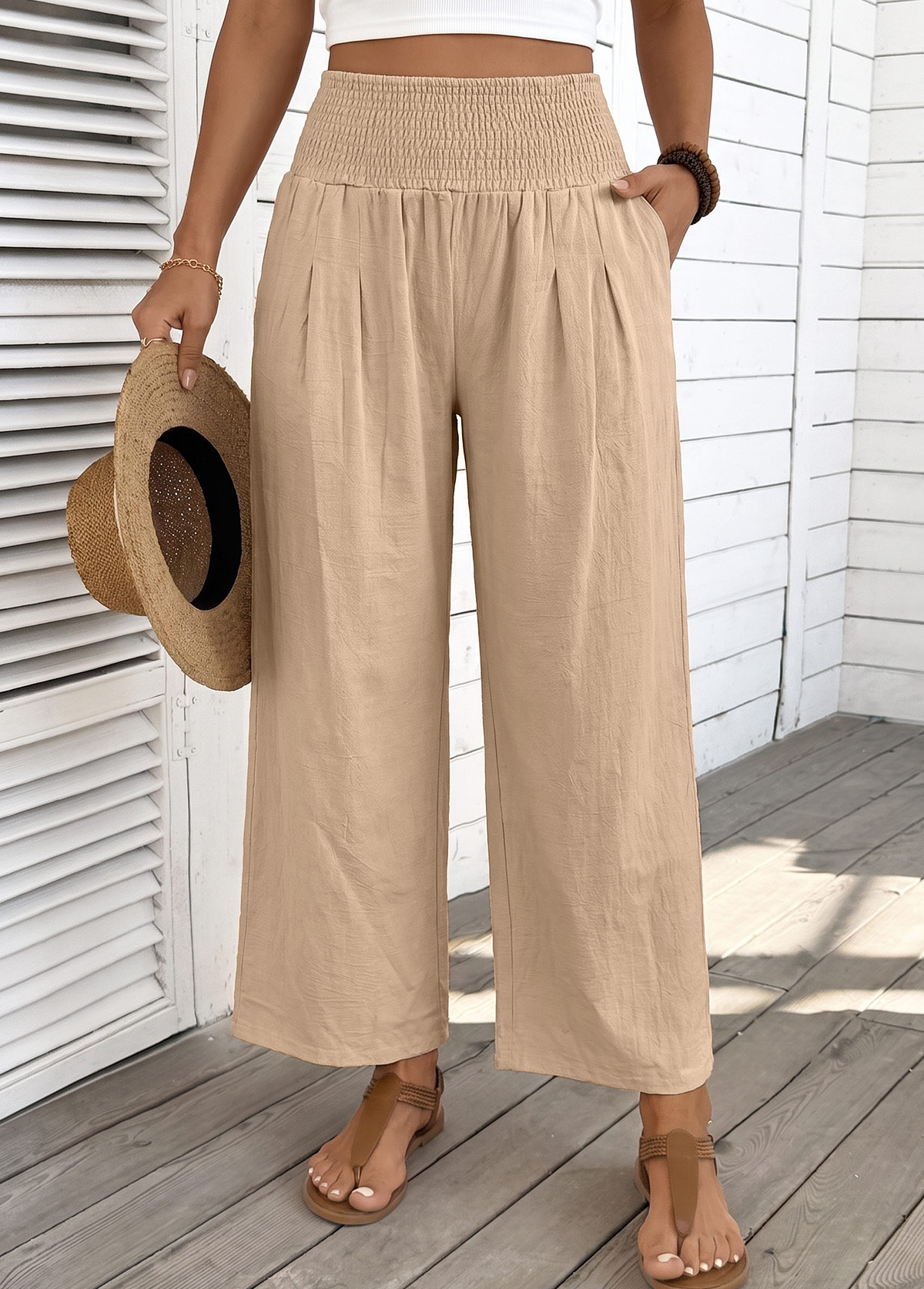 Modlily Light Coffee Straight Leg Elastic Waist High Waisted Pants - S