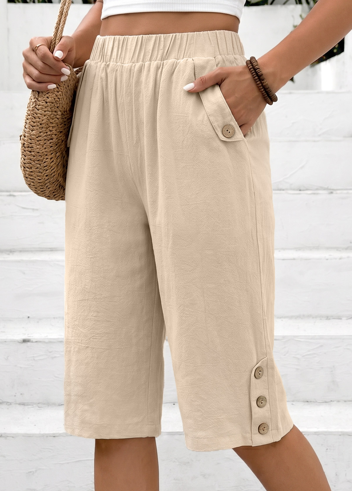 Modlily Light Coffee Straight Leg Elastic Waist High Waisted Shorts - S