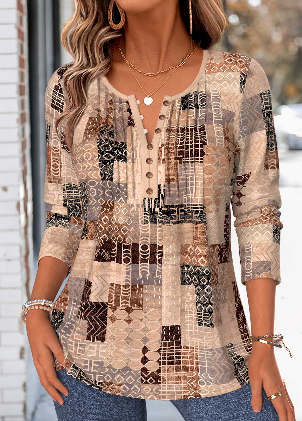 Modlily Light Coffee Tribal Print Tuck Stitch T Shirt - S