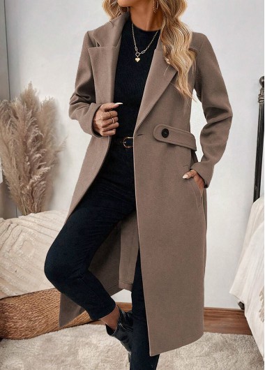 Modlily Light Coffee Tummy Coverage Belted Long Sleeve Lapel Coat - M