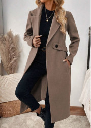 Modlily Light Coffee Tummy Coverage Belted Long Sleeve Lapel Coat - M