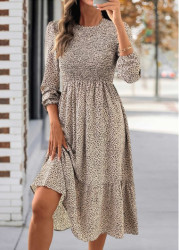 Modlily Light Coffee Tummy Coverage Leopard Long Sleeve Dress - S
