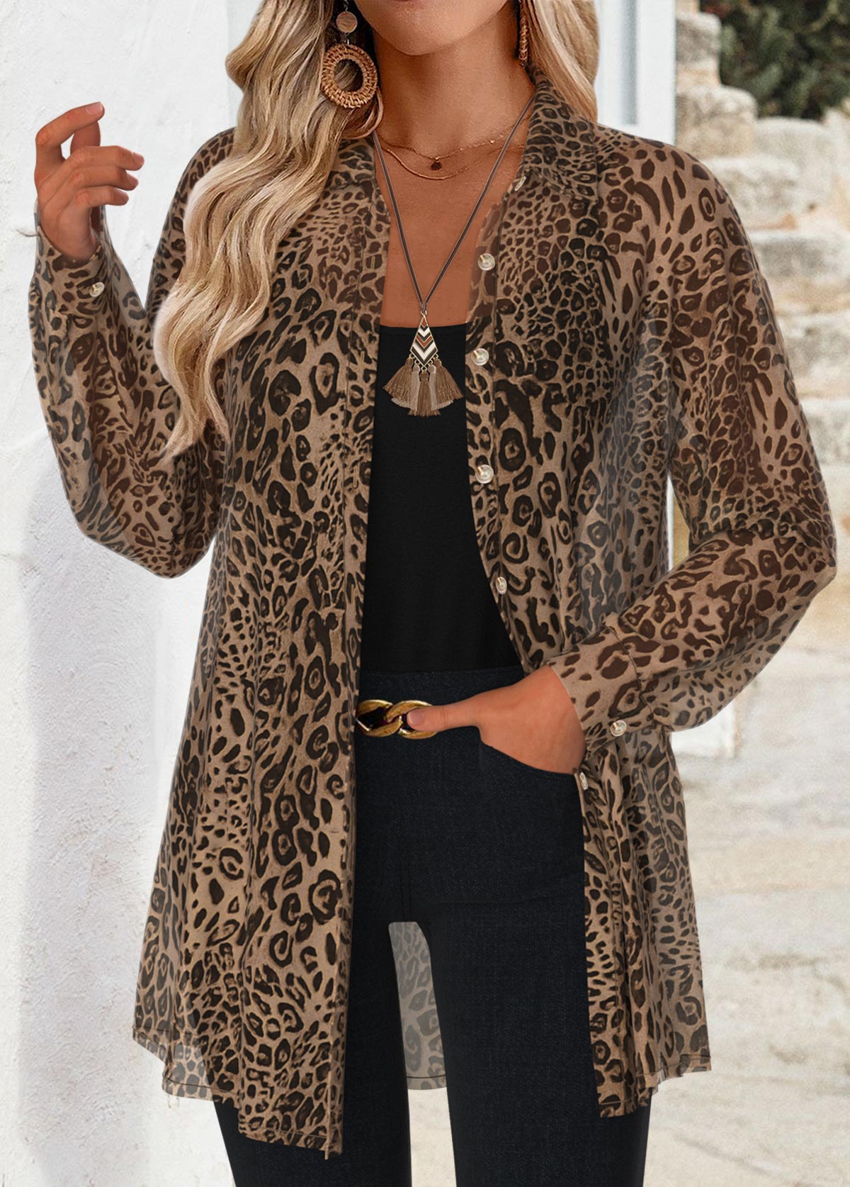 Modlily Light Coffee Tummy Coverage Leopard Long Sleeve Shirt - M