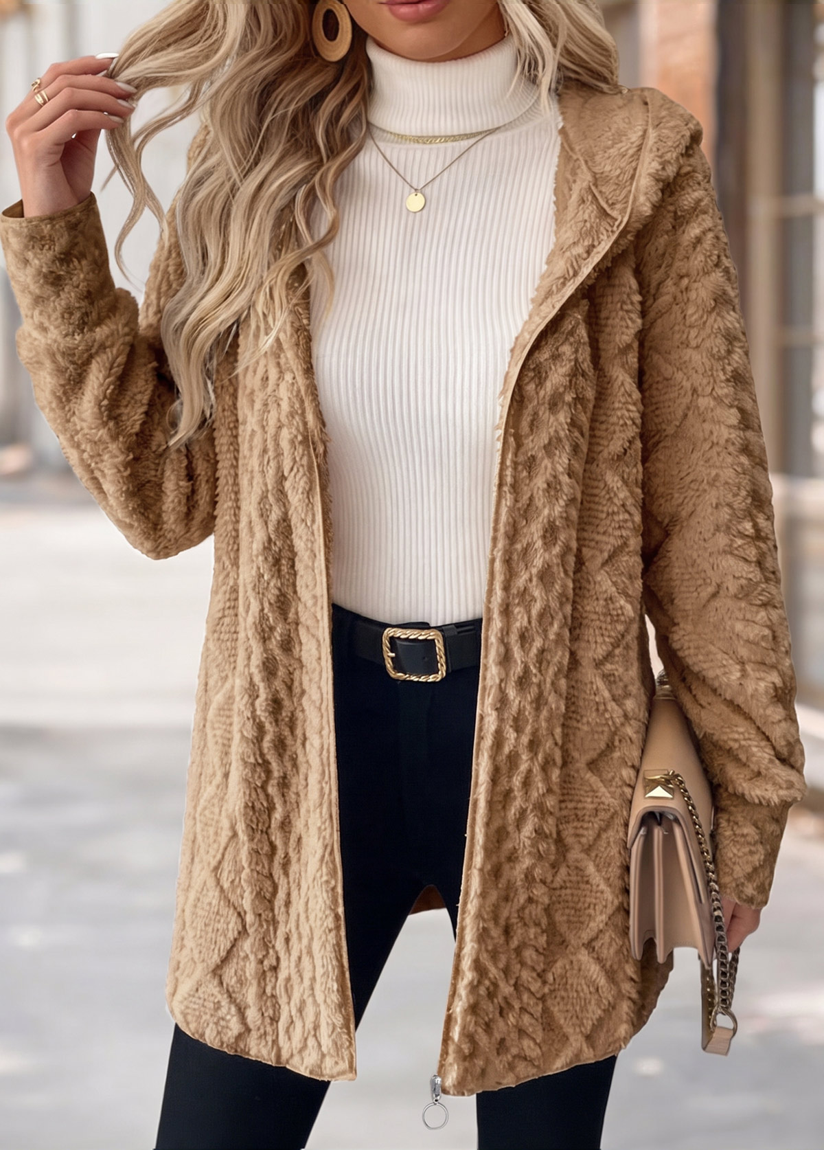 Modlily Light Coffee Tummy Coverage Long Sleeve Hooded Coat - S