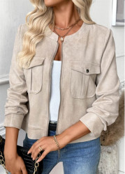 Modlily Light Coffee Tummy Coverage Long Sleeve Stand Collar Jacket - XXL