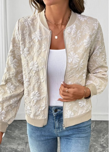 Modlily Light Coffee Zipper Long Sleeve Stand Collar Jacket - S