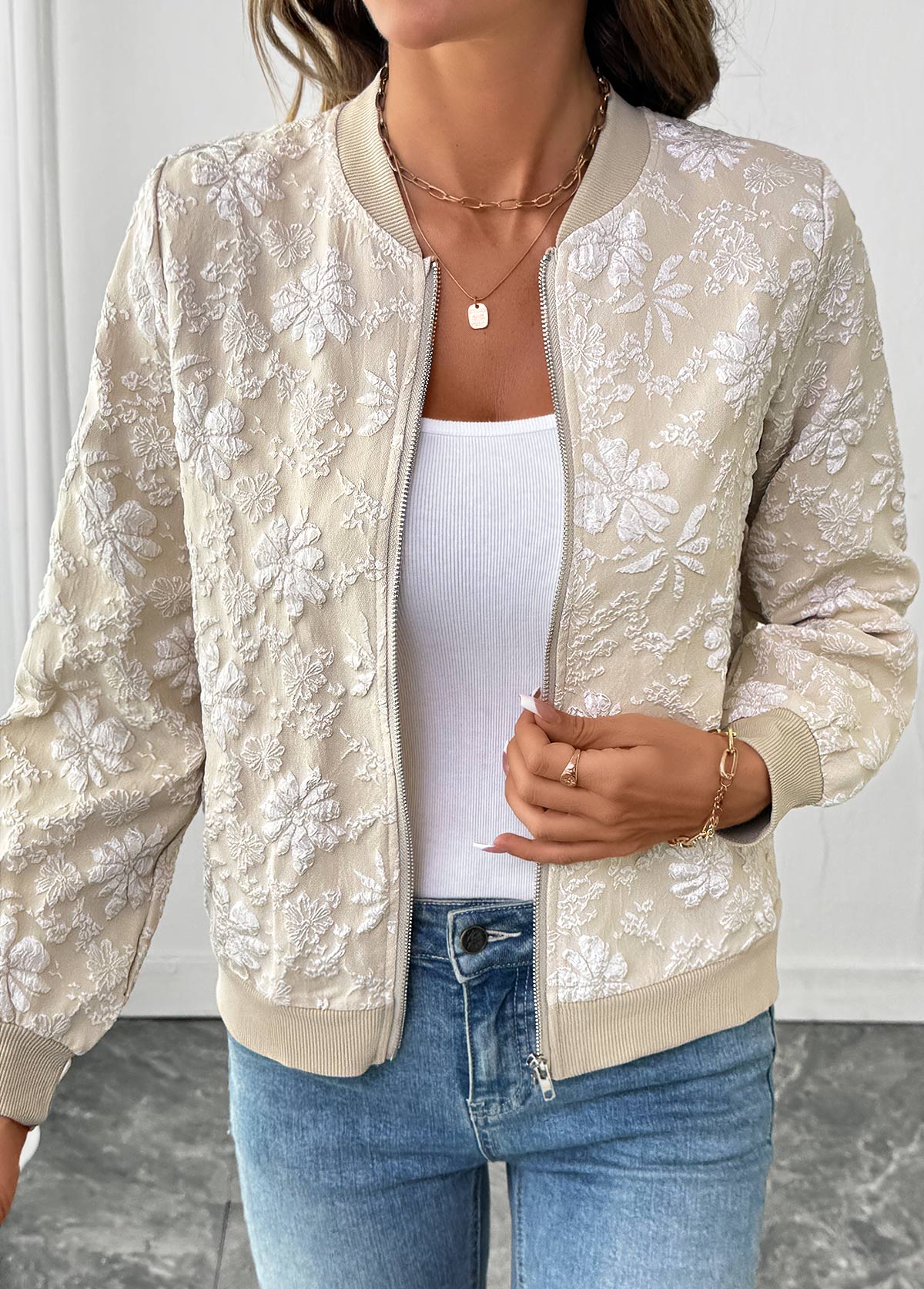 Modlily Light Coffee Zipper Long Sleeve Stand Collar Jacket - 2XL