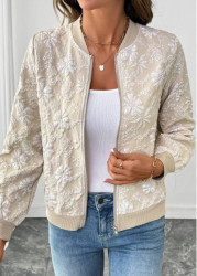 Modlily Light Coffee Zipper Long Sleeve Stand Collar Jacket - L