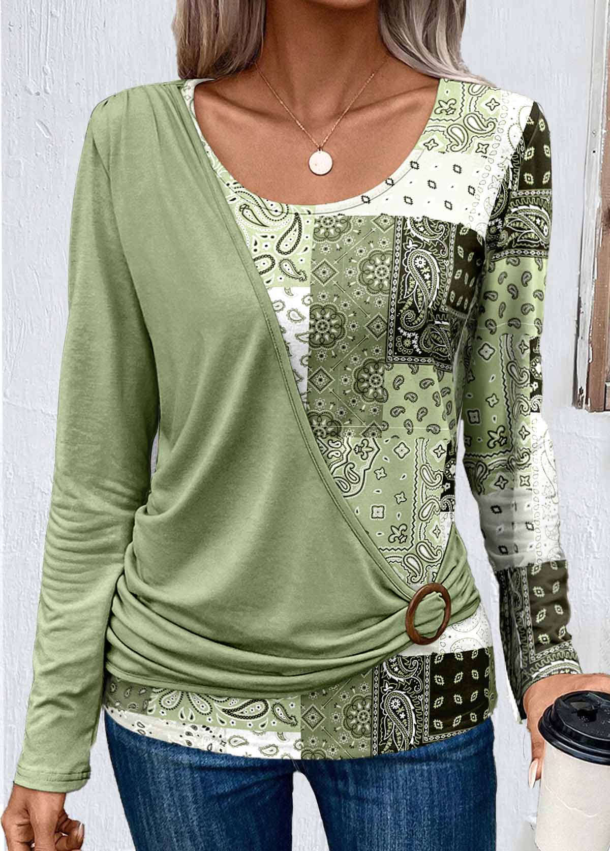 Modlily Light Green Asymmetry Patchwork Long Sleeve T Shirt - M