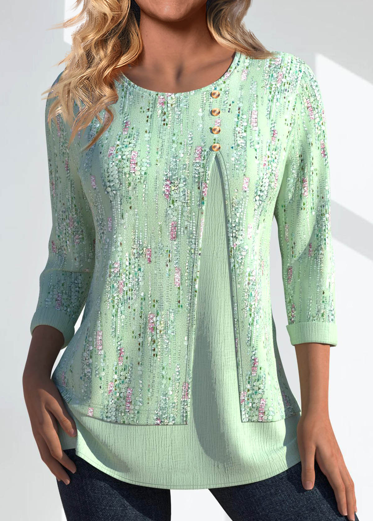 Modlily Light Green Button Geometric Print 3/4 Sleeve T Shirt - M