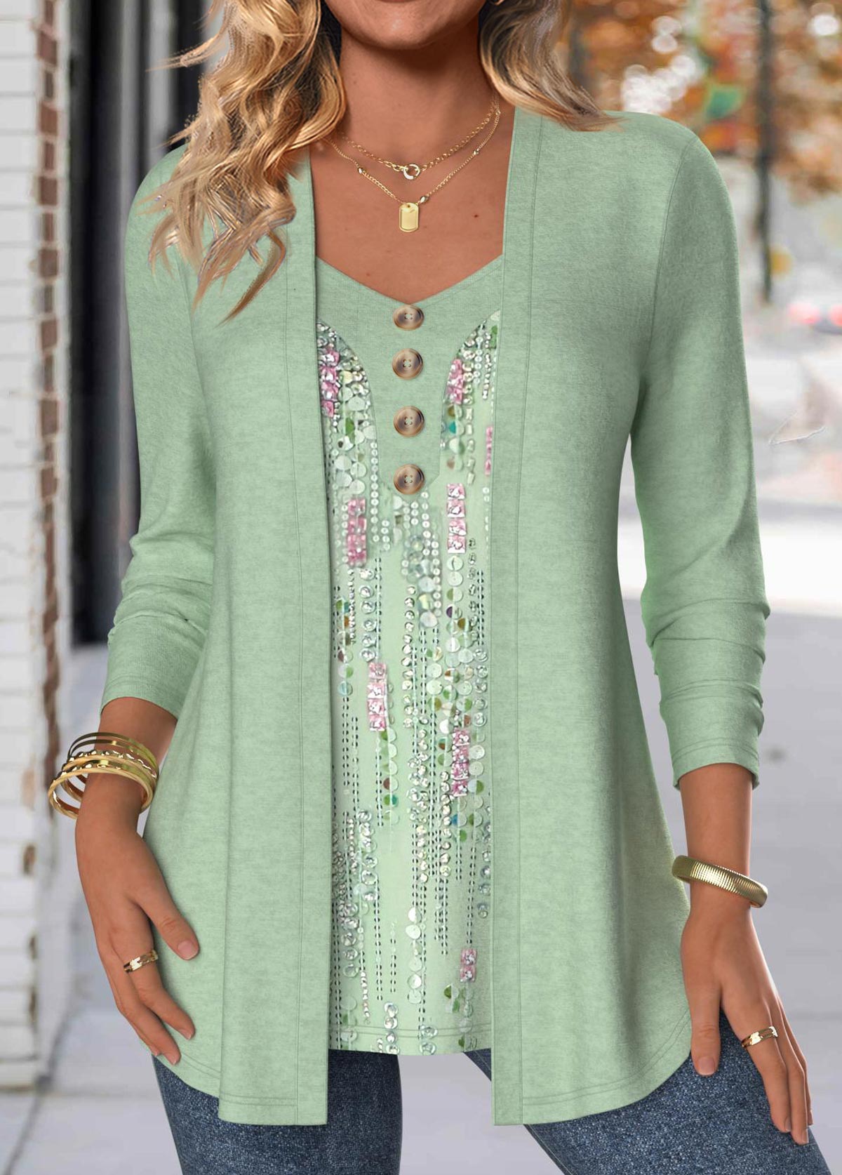 Modlily Light Green Button Geometric Print Fake Two Piece Twinset - S