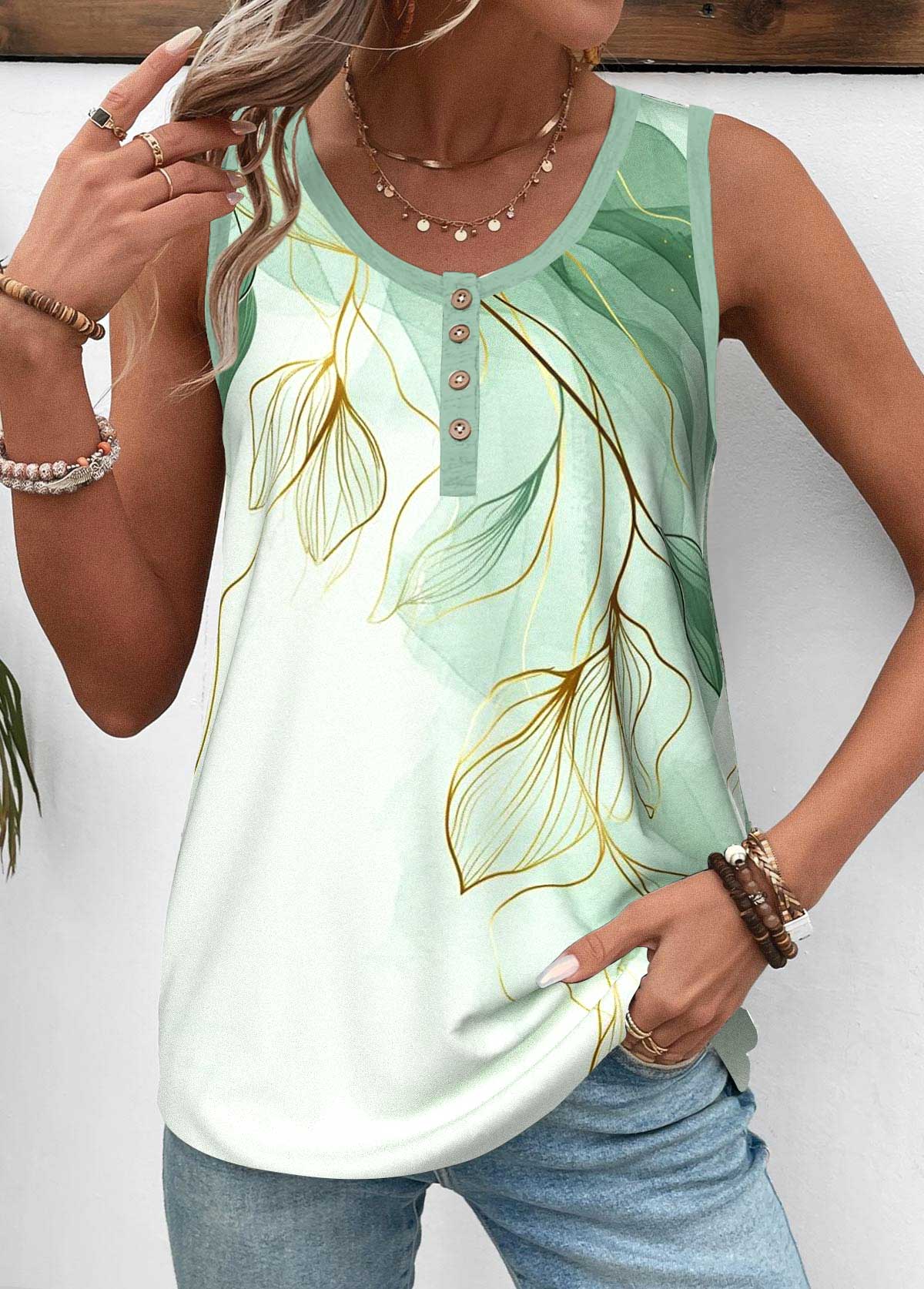 Modlily Light Green Button Leaf Print Sleeveless Tank Top - XXL