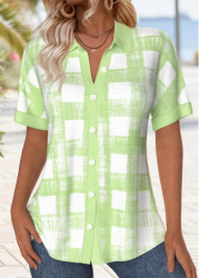 Modlily Light Green Button Plaid Short Sleeve Shirt - M