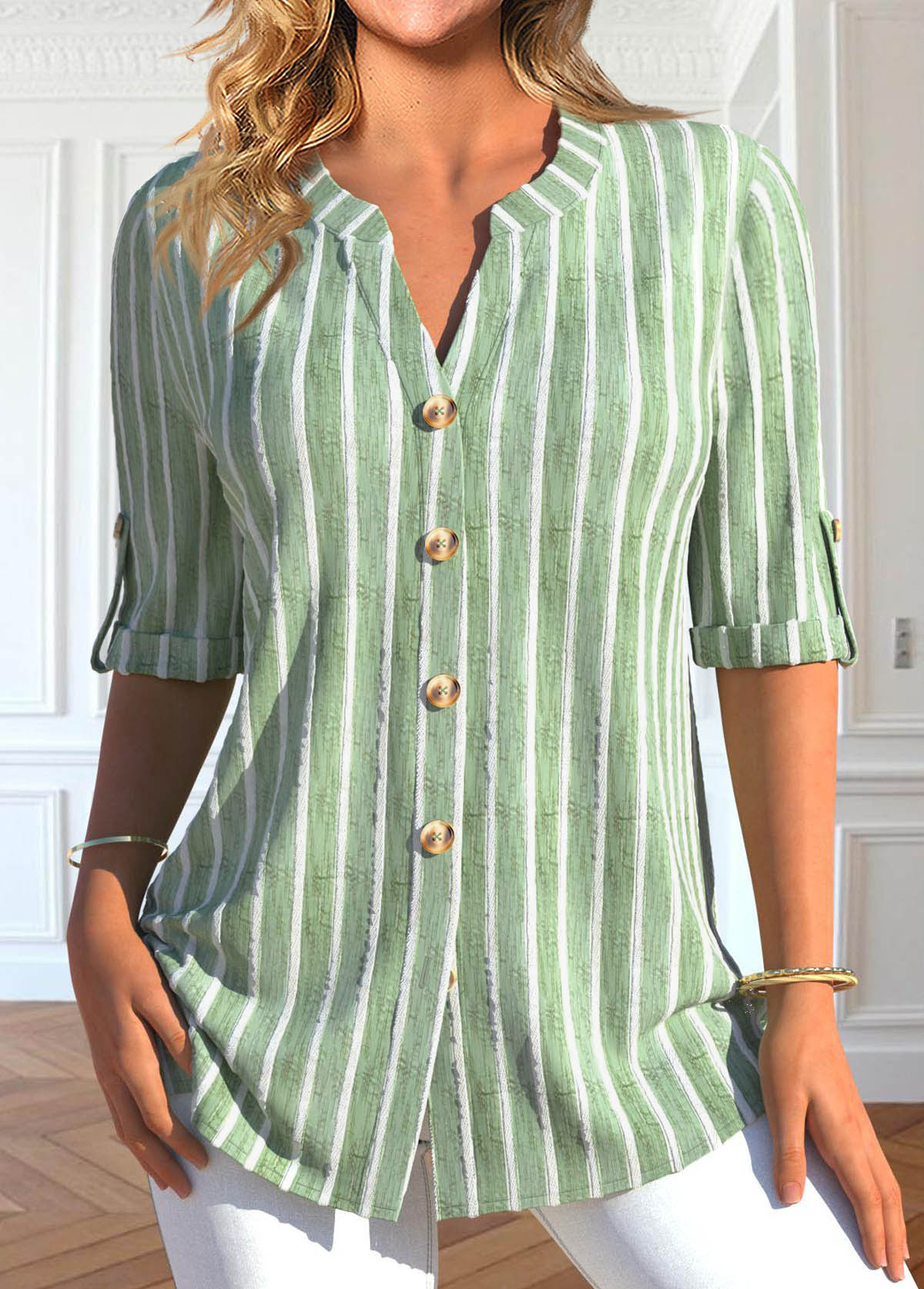 Modlily Light Green Button Striped Half Sleeve Blouse - M