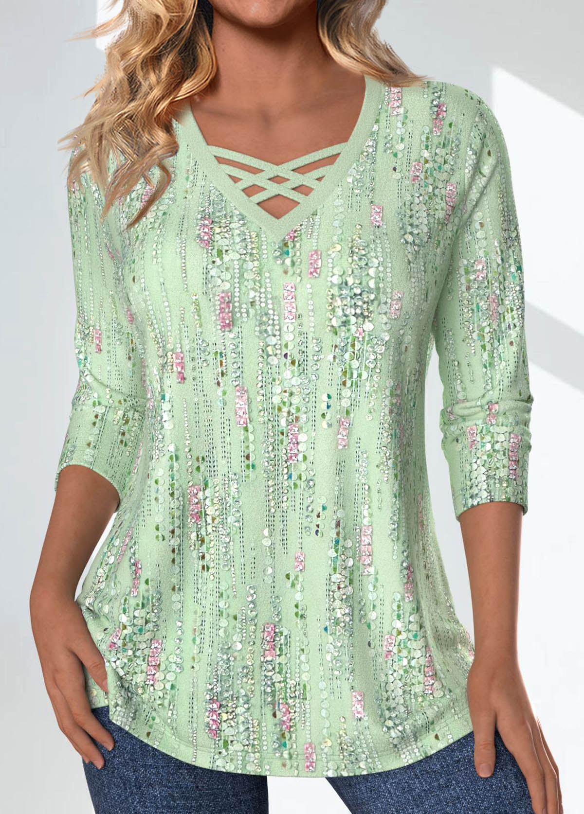 Modlily Light Green Criss Cross Geometric Printed Non-sequined T Shirt - XL