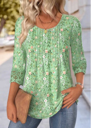 Modlily Light Green Ditsy Floral Print 3/4 Sleeve T Shirt - S