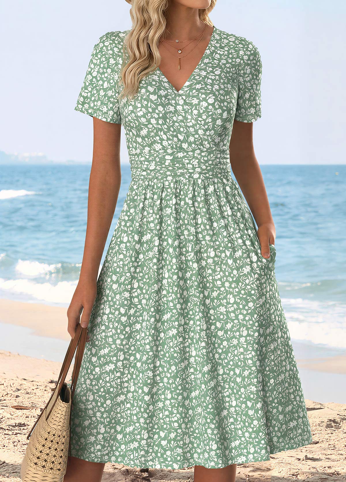 Modlily Light Green Ditsy Floral Print Surplice Short Sleeve Dress - S