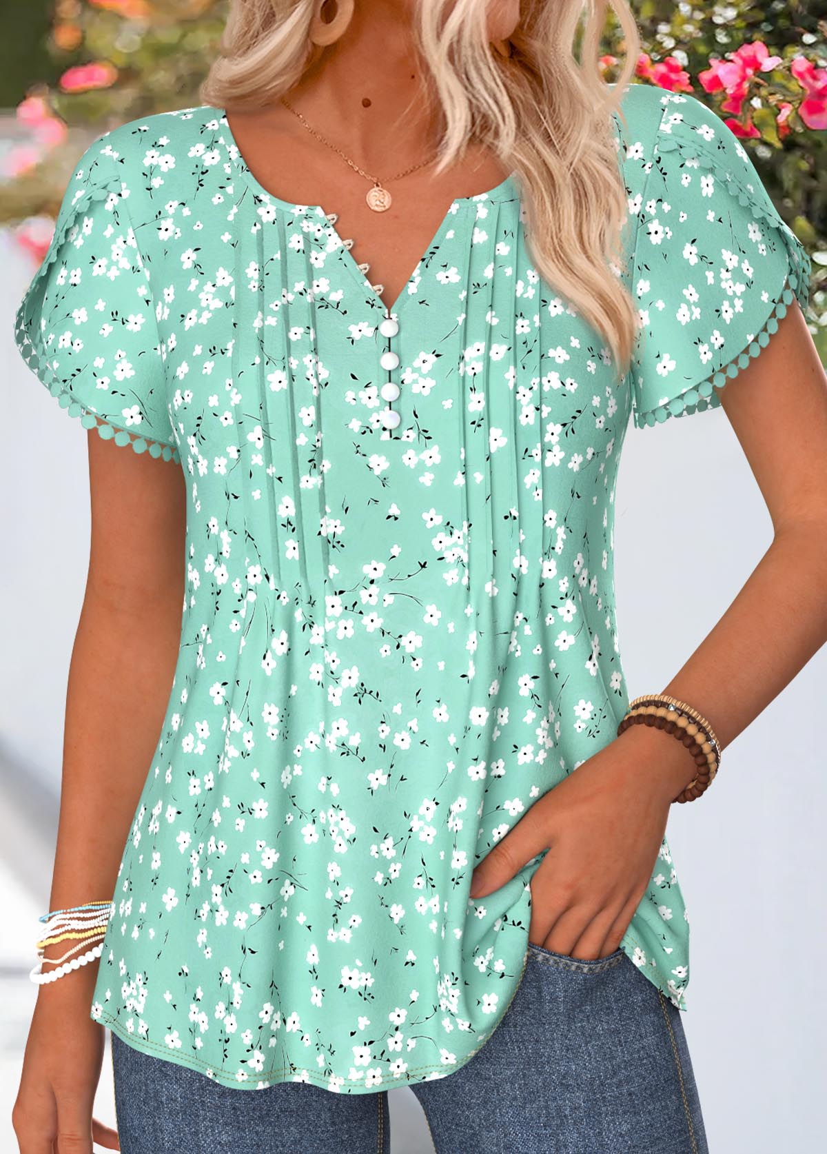 Modlily Light Green Floral Print Patchwork Short Sleeve T Shirt - M