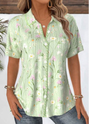 Modlily Light Green Floral Print Short Sleeve Shirt - S