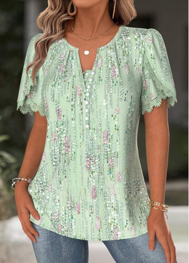 Modlily Light Green Geometric Print Short Sleeve Split Neck Blouse - S