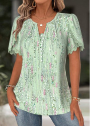 Modlily Light Green Geometric Print Short Sleeve Split Neck Blouse - S