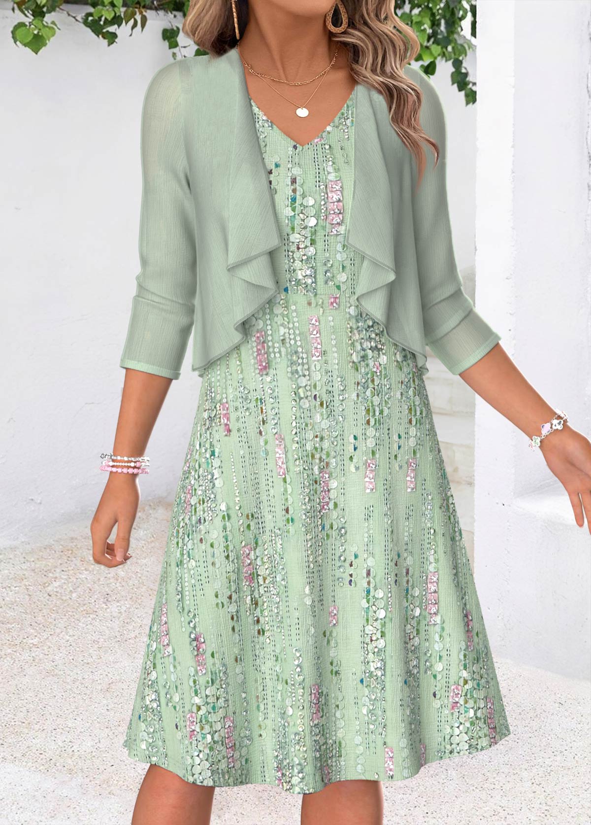 Modlily Light Green Geometric Print Two-piece Dress and Cardigan - S