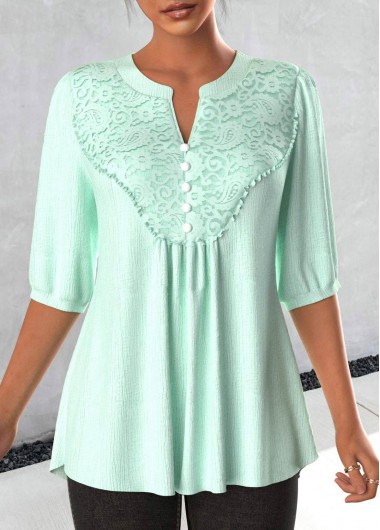 Modlily Light Green Lace 3/4 Sleeve Split Neck Blouse - XXL