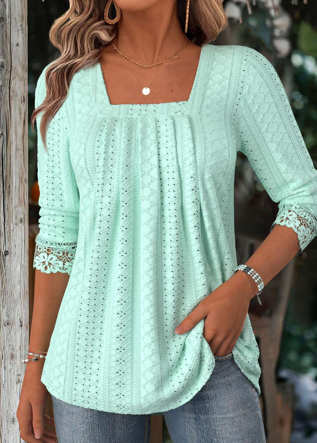 Modlily Light Green Long Sleeve Square Neck T Shirt - M