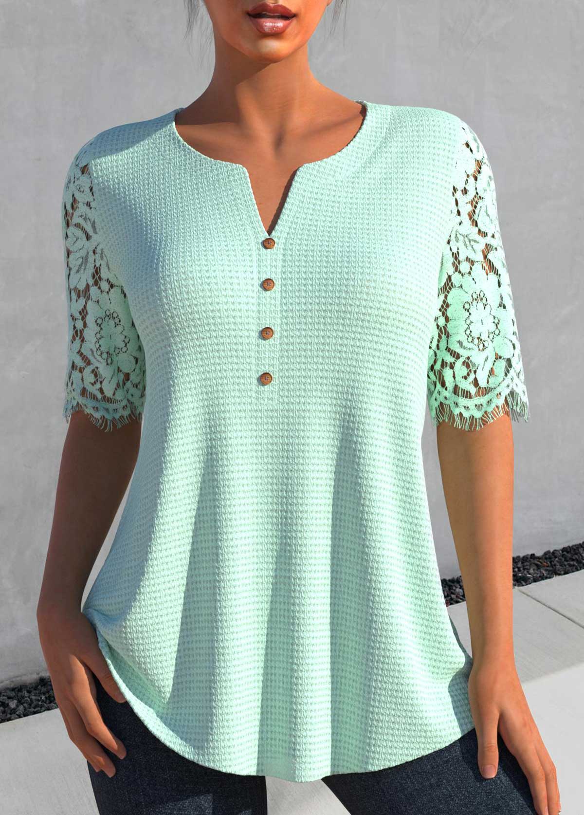 Modlily Light Green Patchwork Half Sleeve Split Neck Blouse - M