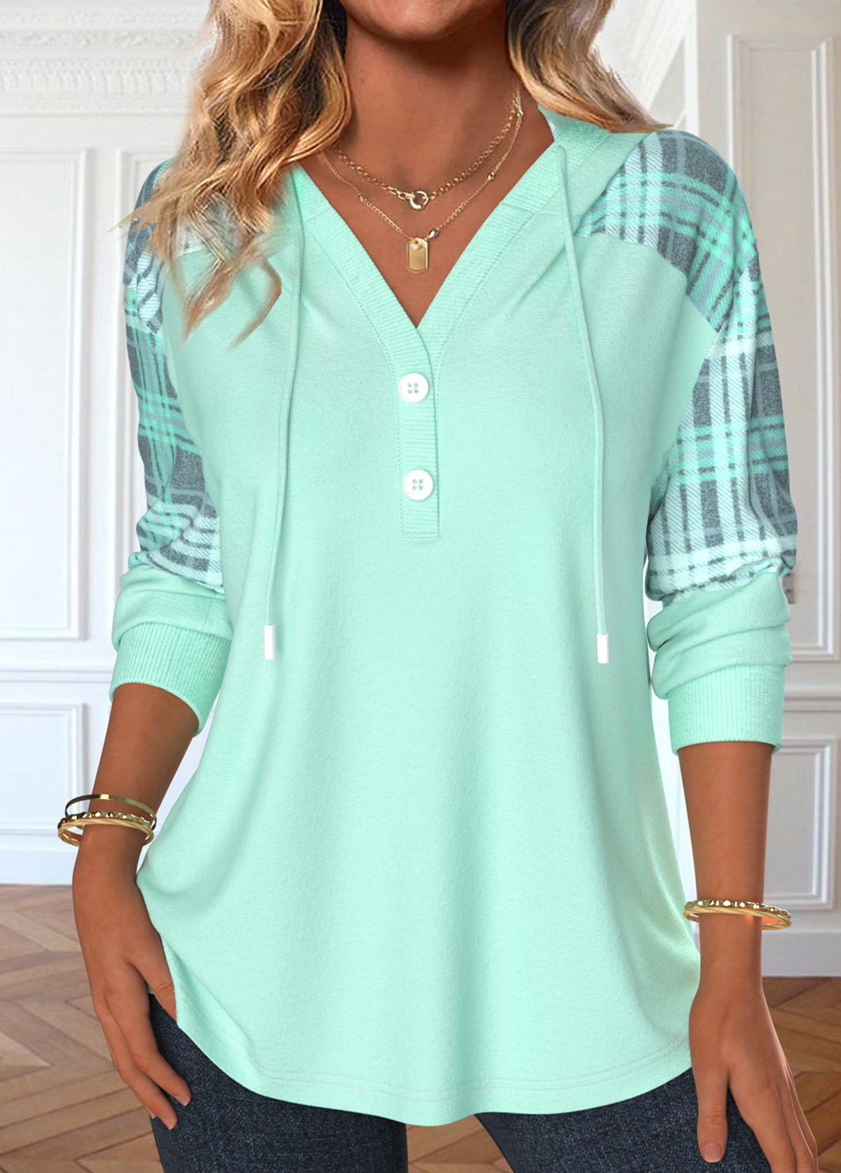 Modlily Light Green Patchwork Plaid Long Sleeve Hoodie - XXL