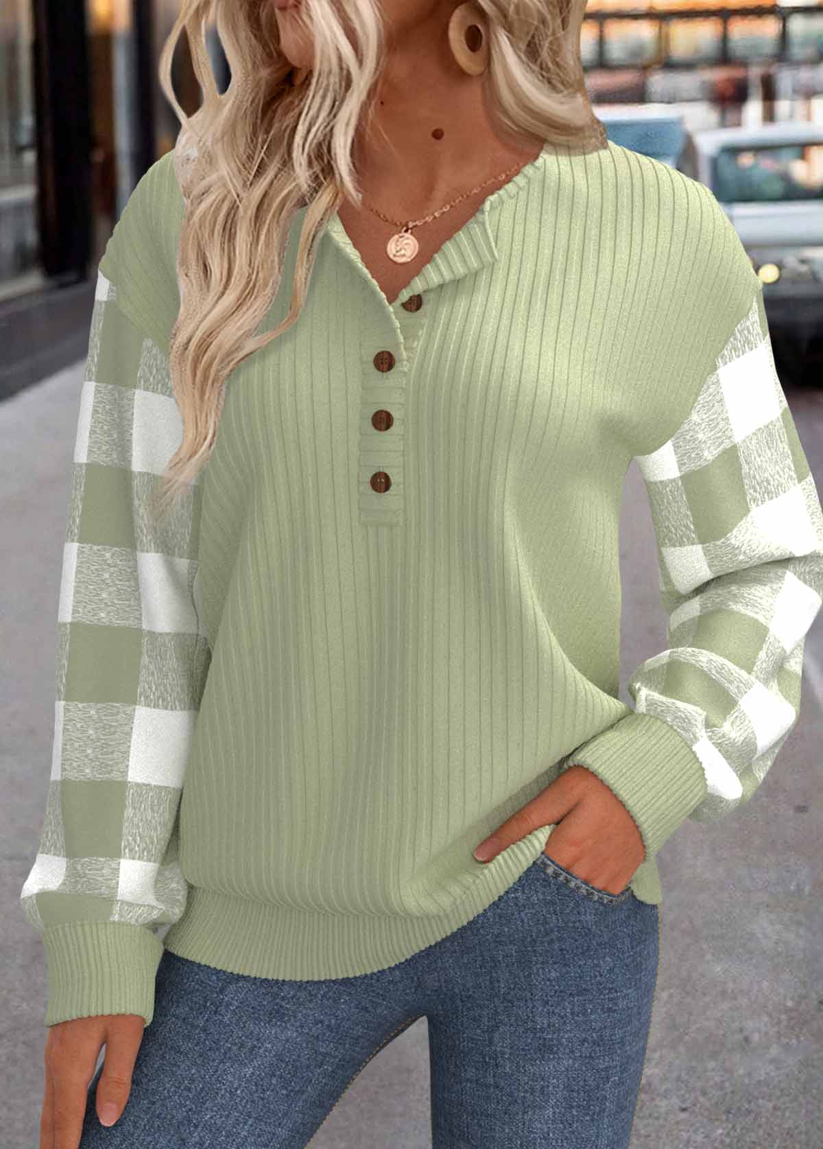 Modlily Light Green Patchwork Plaid Long Sleeve Round Neck Sweatshirt - M