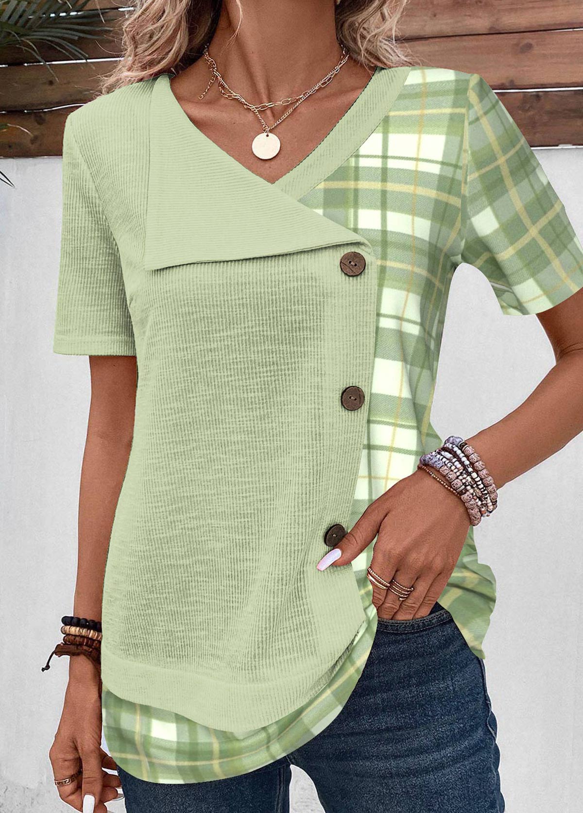 Modlily Light Green Patchwork Plaid Short Sleeve V Neck Blouse - XL