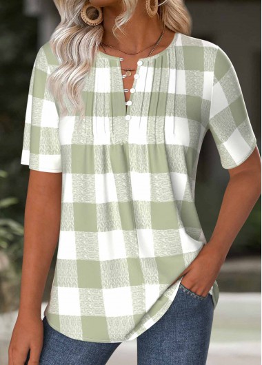 Modlily Light Green Plaid Short Sleeve Split Neck T Shirt - S
