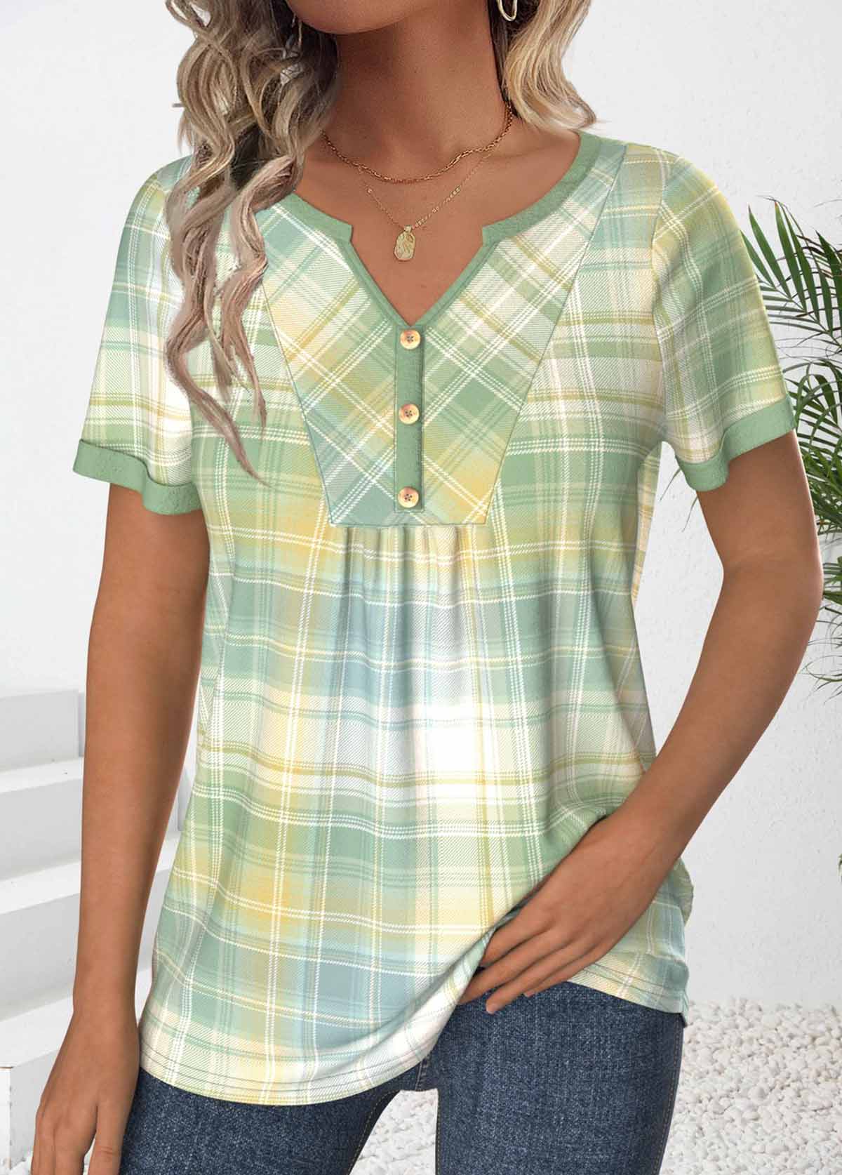 Modlily Light Green Ruched Plaid Short Sleeve T Shirt - M