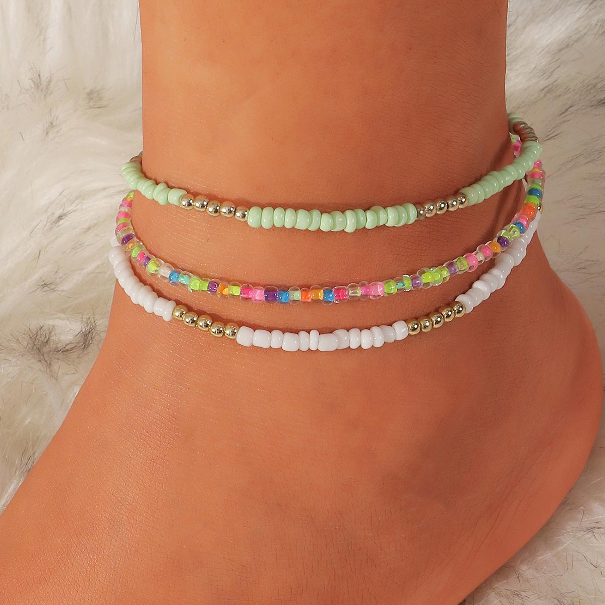Modlily Light Green Seed Beads Anklet Set - One Size
