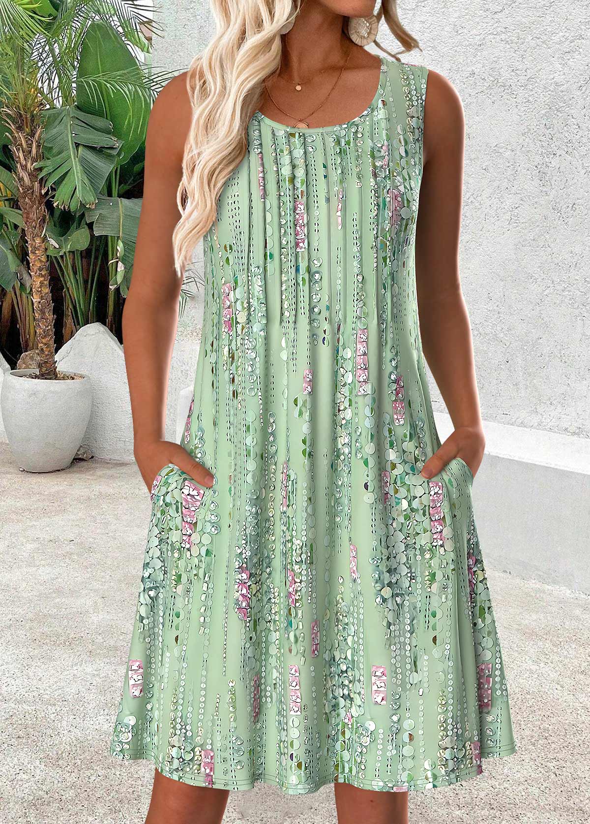 Modlily Light Green Short Sleeveless Scoop Neck Dress - L