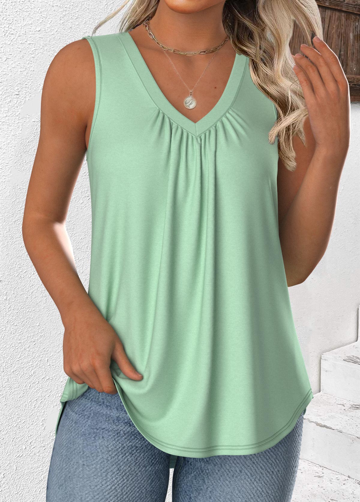 Modlily Light Green Sleeveless V Neck Tank Top - S